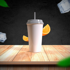 Realistic Soda Bottles Mockups on wooden table, Front view of white disposable paper cup with white insulated lid and straw, Soda Bottles for Brands.