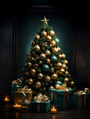 Beautiful Christmnas tree decorated with ornaments and lights with presents, dark background.