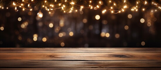 Wooden table with holiday lights in the evening - obrazy, fototapety, plakaty