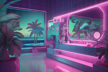 Neon lightened hotel lobby in synthwave style. Blue and purple hotel with palms in 80s style.