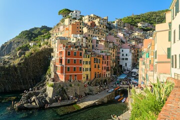 View on the Cinque Terre village Riomaggiore in Liguria on a beautiful summerday