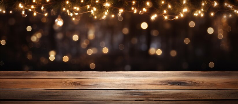 Wooden table with holiday lights in the evening