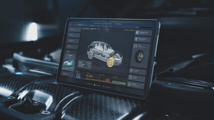 Tablet computer screen shows 3D animation of professional program for real-time car diagnostics and...
