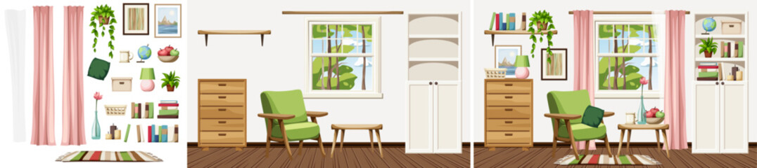 Living room interior design with an armchair, a white bookcase, and a dresser. Cozy room interior design. Home decoration before and after. Interior constructor. Cartoon vector illustration