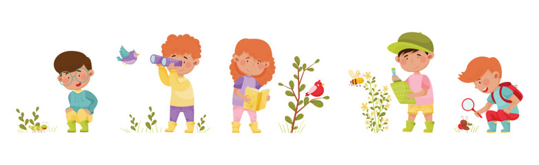 Cute Kids Exploring Nature with Flora and Fauna Vector Set