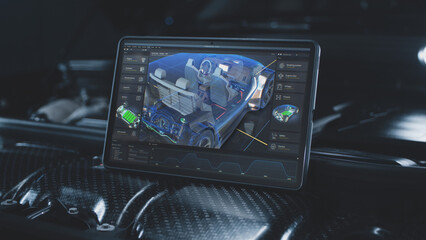 Digital tablet computer screen shows 3D futuristic graphical visualization of car developing professional software with 3D virtual electric vehicle model. Concept of modern car diagnostics technology.