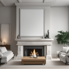 White Wall Art Frame Over a Fireplace Mockup 