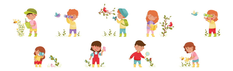 Cute Kids Exploring Nature with Flora and Fauna Vector Set