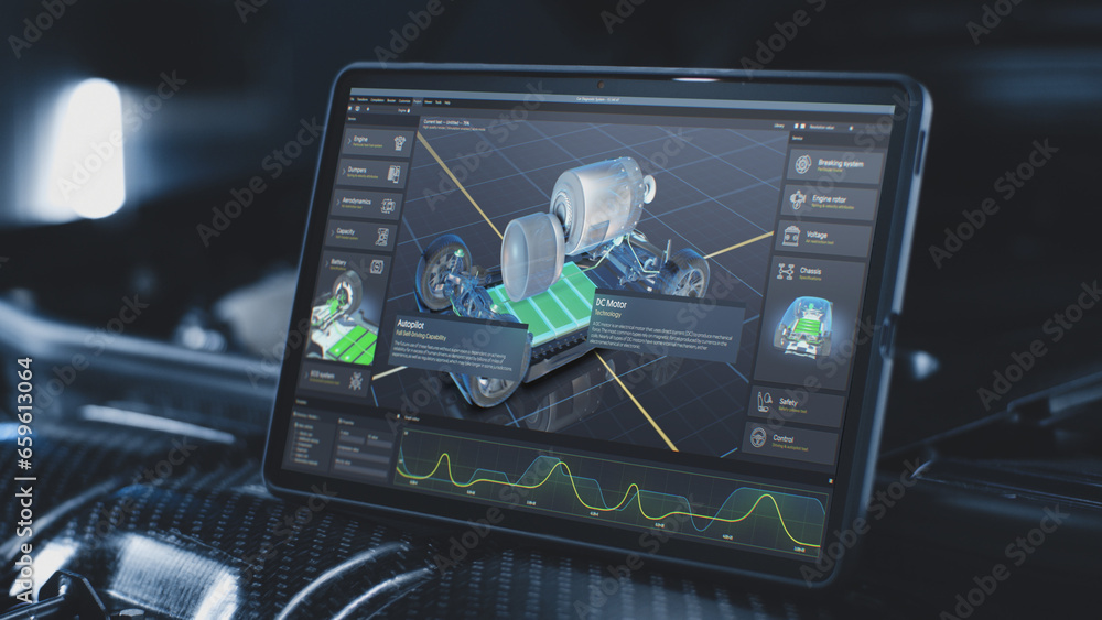 Poster digital tablet computer screen shows 3d render of professional software user interface for eco-frien