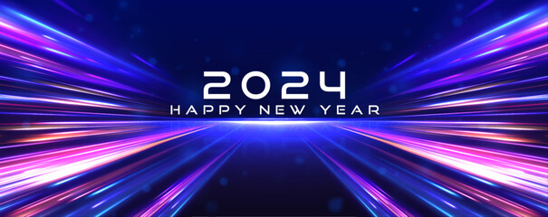 Panoramic high speed technology concept Happy new year 2024 background neon. Holiday greeting card design. Abstract image of speed motion on the road. 