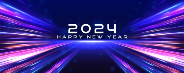Tuinposter Panoramic high speed technology concept Happy new year 2024 background neon. Holiday greeting card design. Abstract image of speed motion on the road.  © ikril