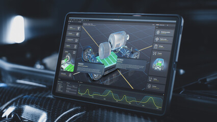 Digital tablet computer screen shows 3D render of professional software user interface for eco-friendly car developing. Program for car diagnostic or testing with 3D virtual electric vehicle model. - obrazy, fototapety, plakaty