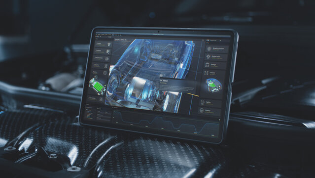 Digital tablet computer screen shows 3D futuristic graphical visualization of car developing professional software with 3D virtual electric vehicle model. Concept of modern car diagnostics technology. - Powered by Adobe