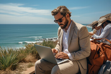Handsome young businessman working on his laptop while sitting on the beach. ia generated