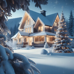 Einsames verschneites Haus an Weihnachten . KI Generated