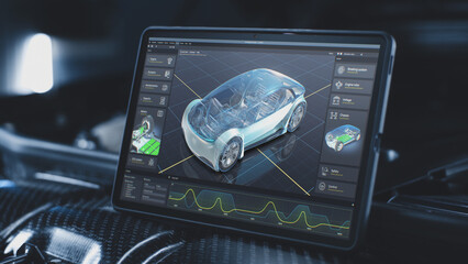 Digital tablet computer screen shows 3D render of professional software user interface for eco-friendly car developing. Program for car diagnostic or testing with 3D virtual electric vehicle model.