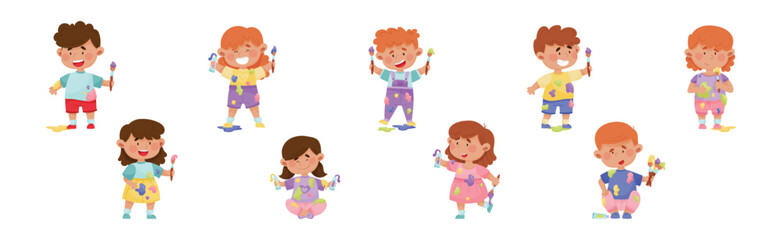 Little Children Smeared in Paints Holding Artist Brush Vector Set