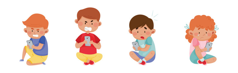 Angry and Frustrated Kids with Mobile Phones Vector Set