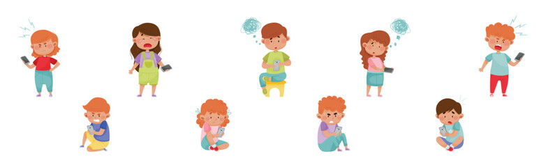Fototapeta premium Angry and Frustrated Kids with Mobile Phones Vector Set