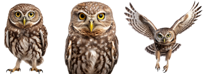 little owl collection (standing, portrait, flying), animal bundle isolated on a white background as transparent PNG