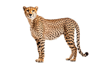 Cheetah isolated on a transparent background. Animal left side view portrait.	