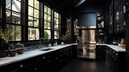 High-contrast kitchen with black cabinetry.