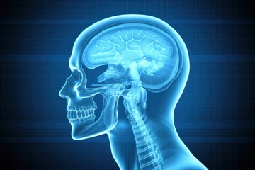 Obraz premium X-ray of human head. CT head blue scan, side view. MRT scan generated by AI