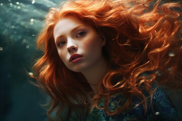Redhead mermaid face portrait, underwater view. Beautiful ginger woman with curly long hair. Witch character, generated by AI
