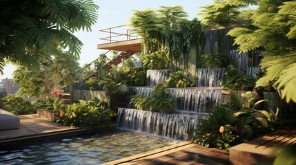 Fototapeta na wymiar Hear the soothing sounds of a cascading waterfall in a rooftop garden with carefully curated plants.