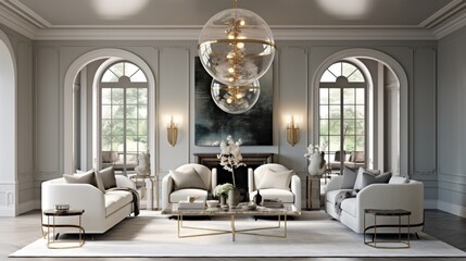 Illuminate a living room with a statement ceiling light and a mirrored coffee table. It's not just lighting; it's a conversation starter.