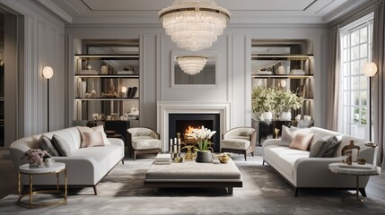 Illuminate a living room with a statement ceiling light and a mirrored coffee table. It's not just lighting; it's a conversation starter.