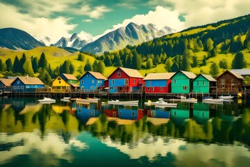 Fototapeta premium Lakeside country village and small number of personal boats - AI Generative