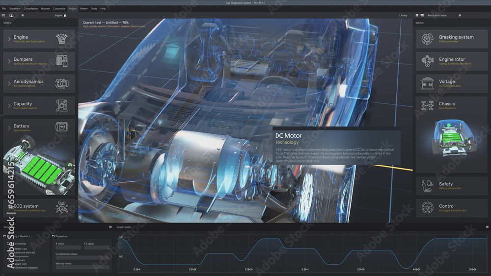 Poster digital tablet computer screen shows 3d futuristic graphical visualization of car developing profess