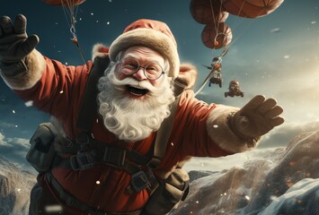 A man with a white beard, Santa Claus descends with a parachute from a red bag. Festive character symbol of Christmas and New Year. Good-natured active old man. Concept: it's time for the holidays - obrazy, fototapety, plakaty