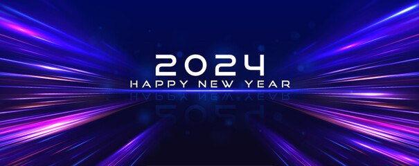 Happy new year 2024 design. Panoramic high speed technology concept, light abstract background. Image of speed motion on the road. Premium vector design for poster, banner.  - obrazy, fototapety, plakaty