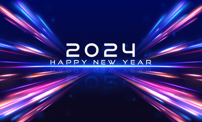 Panoramic high speed technology concept Happy new year 2024 background neon. Holiday greeting card design. Abstract image of speed motion on the road. 