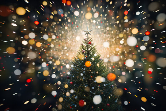 A Christmas tree standing in the middle of a beautiful Christmas background with bright lights, snowflakes and bokeh effect.