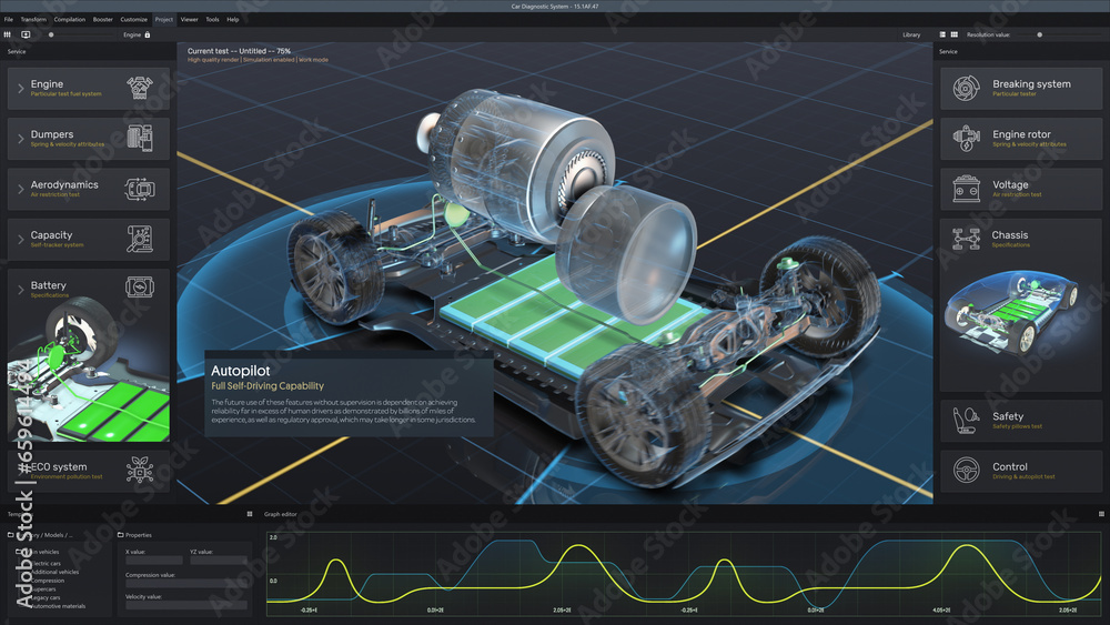 Poster 3d graphical user interface visualization of professional software for eco-friendly car developing. 