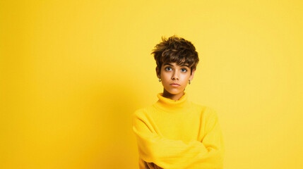 Teenager girl wearing yellow sweater over isolated yellow background looking.