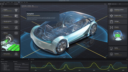 3D render of graphical user interface of professional software for eco-friendly car developing....