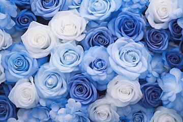 Flowers wall background. Fresh blooming flowers texture in blue colors. Generative AI