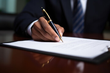 Man's hand signing a major financial contract with luxury pens. Male client putting signature at document in office. Generative AI