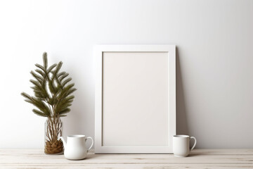 Fototapeta na wymiar Minimal festive Christmas decor. Blank picture frame mockup with pine tree branches and cup of coffee. Generative AI