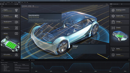 3D render of graphical user interface of professional software for eco-friendly car developing....