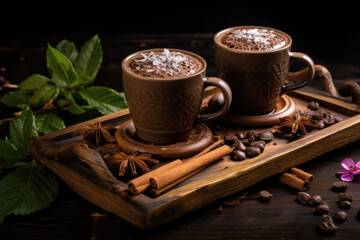 Two cups of hot cocoa on a wooden tray. Organic healthy chocolate drink prepared from cocoa beans. Generative AI