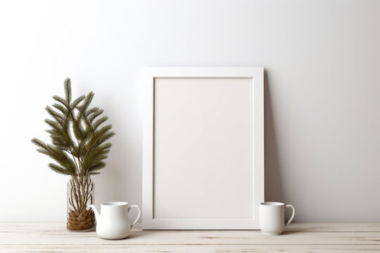 Minimal festive Christmas decor. Blank picture frame mockup with pine tree branches and cup of coffee. Generative AI