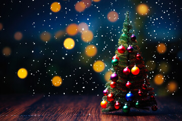 Christmas tree with decorations on a bright background with multi-colored bokeh.