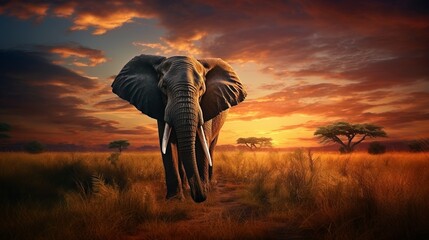 Elephant at sunset, AI-generative