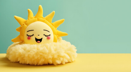 Smiling sun yellow soft toy, empty space horizontal kids banner. Blank podium, pedestal for children's product. Cute toy face background. Kids backdrop, generated by AI