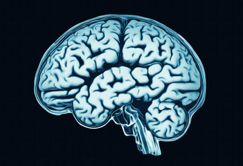 Рuman brain silhouette, isolated on black background. Human brain x-ray scan. CT brain, side view. Generated by AI